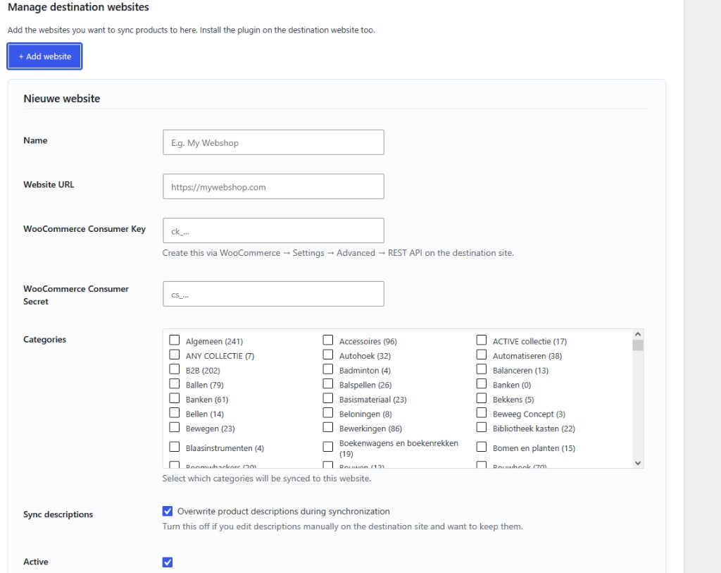Webshoptiger Catalog Sync websites tab listing connected destination stores