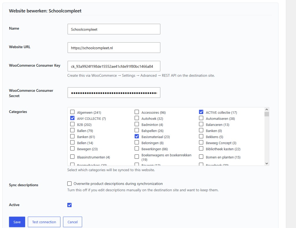 Webshoptiger Catalog Sync add website form with API credentials and category selection