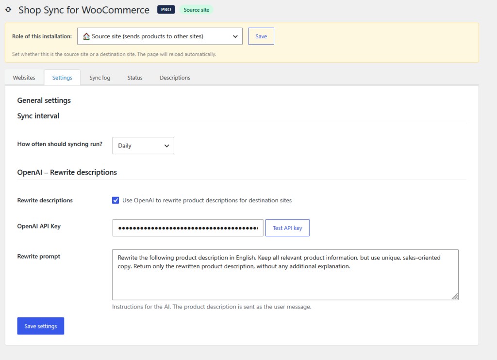 Webshoptiger Catalog Sync edit website screen for adjusting store settings