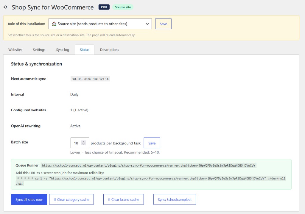 Webshoptiger Catalog Sync status tab showing sync schedule and batch settings
