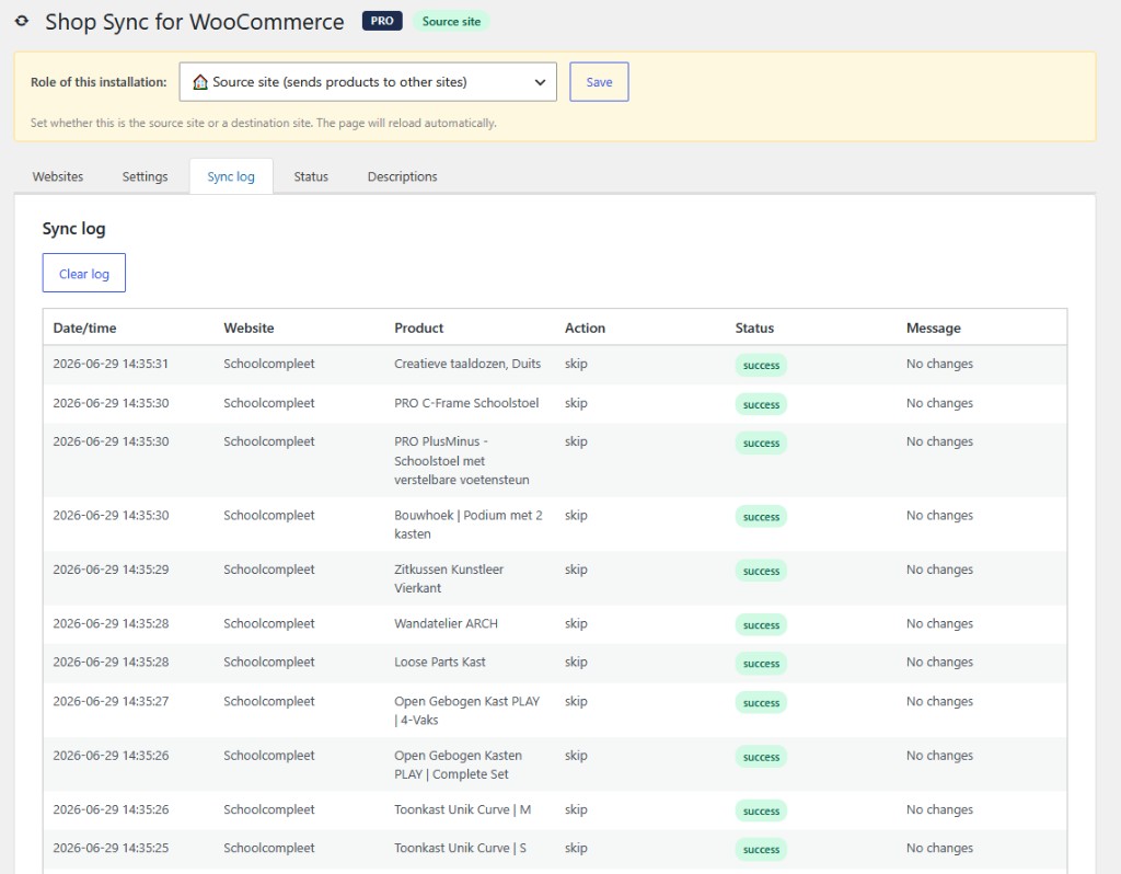 Webshoptiger Catalog Sync log showing product sync actions and results
