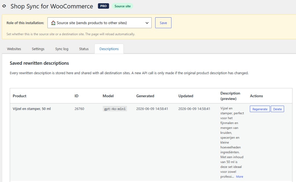 Webshoptiger Catalog Sync descriptions tab with saved AI-rewritten product copy